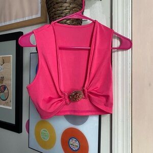 Pink Sleeveless Top with Decorative Brooch